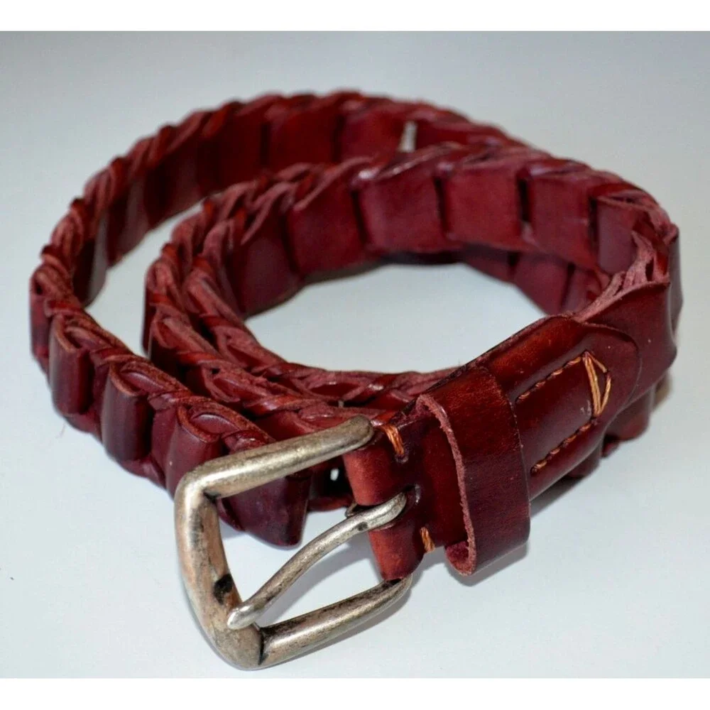Dockers Reddish Brown Leather Belt Size 36 Woven Braided Solid Brass Buckle 2446